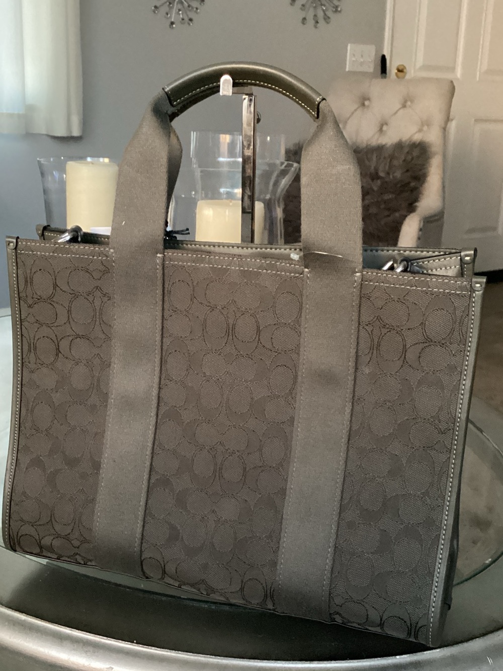 Coach Gray Signature Tote Bag with Top Handles